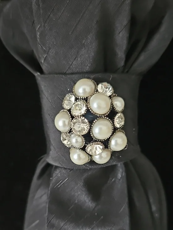 Black Upcycled Necktie Necklace with a Black Rose and Pearls - Picture 3 of 6